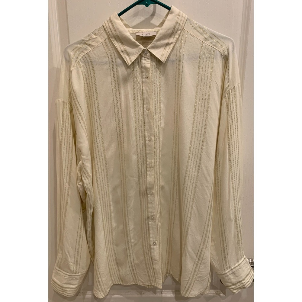 Loft Womens Dress Shirt Cream with Gold Thread Button Down Sz L‎